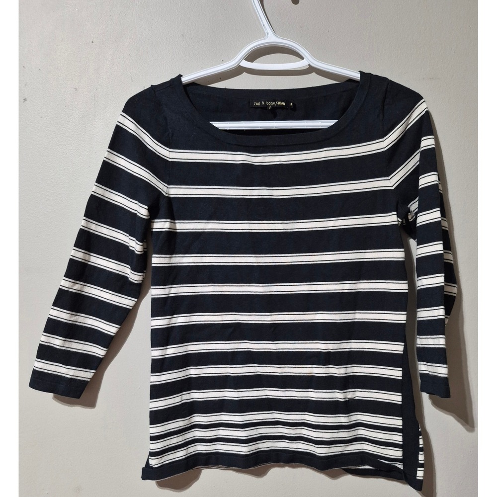 Rag & Bone JEAN Navy White Striped Long Sleeve Scoop Neck Top Viscose Blend M